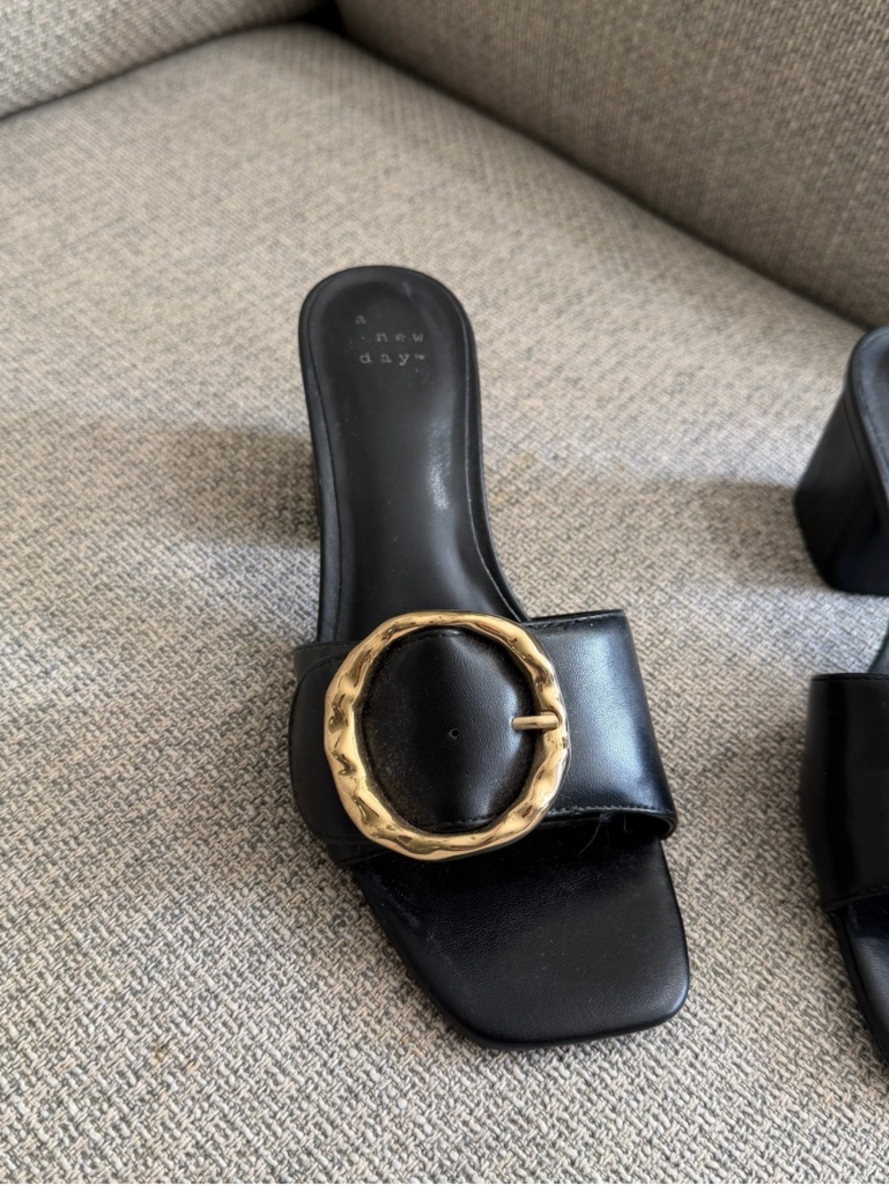 A New Day- Black Slide Heeled Sandals with Gold Buckle - Picture 4 of 8